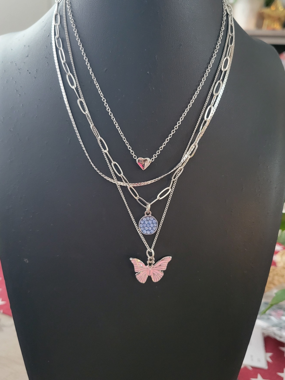 PaparazziLayered Silver Necklace with Pink Butterfly Charm and Blue Disc Pendant